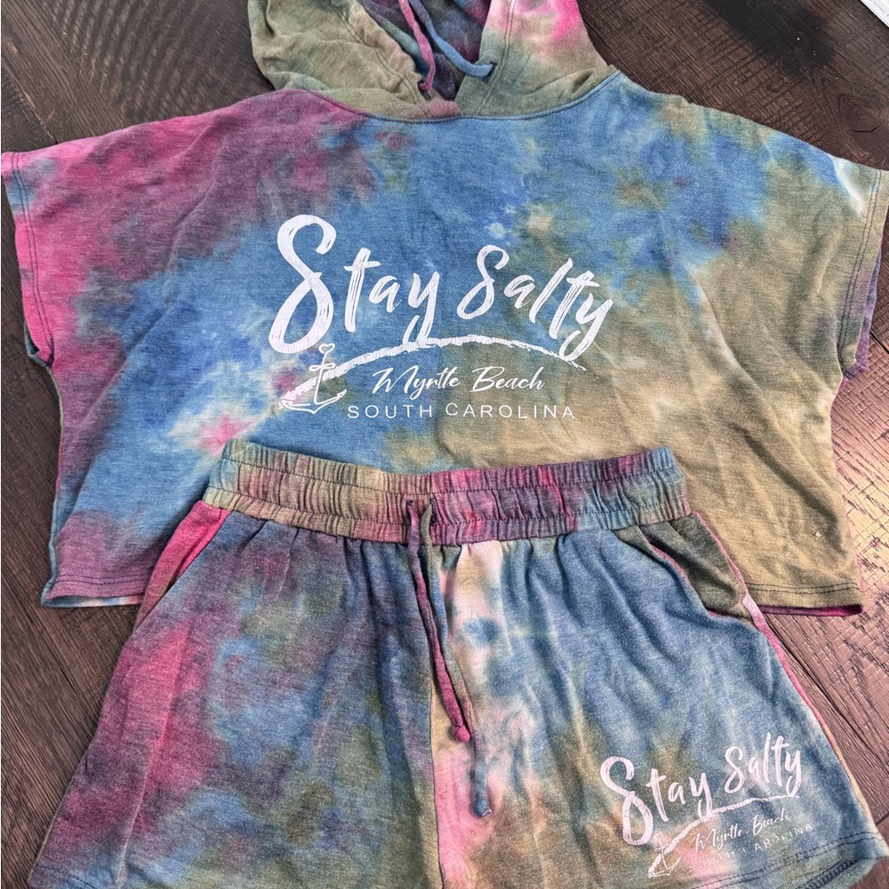 Stay Salty Tie-Dye Hooded Crop Top & Shorts Set - Myrtle Beach